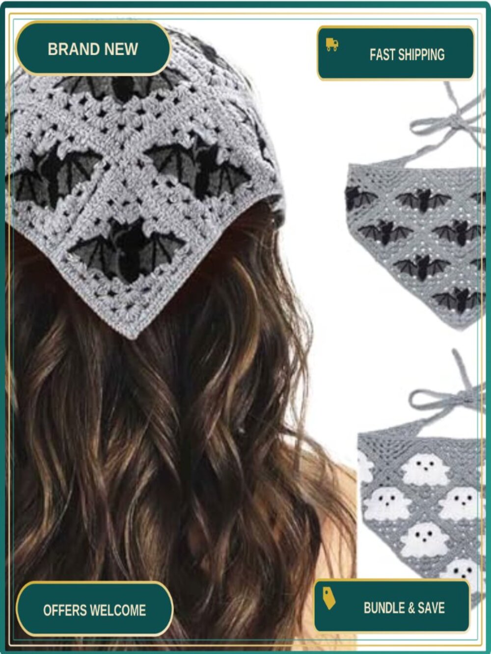 Crochet Bat Ghost Headbands Bandana Head Scarf Halloween Hair Accessories 2Pc